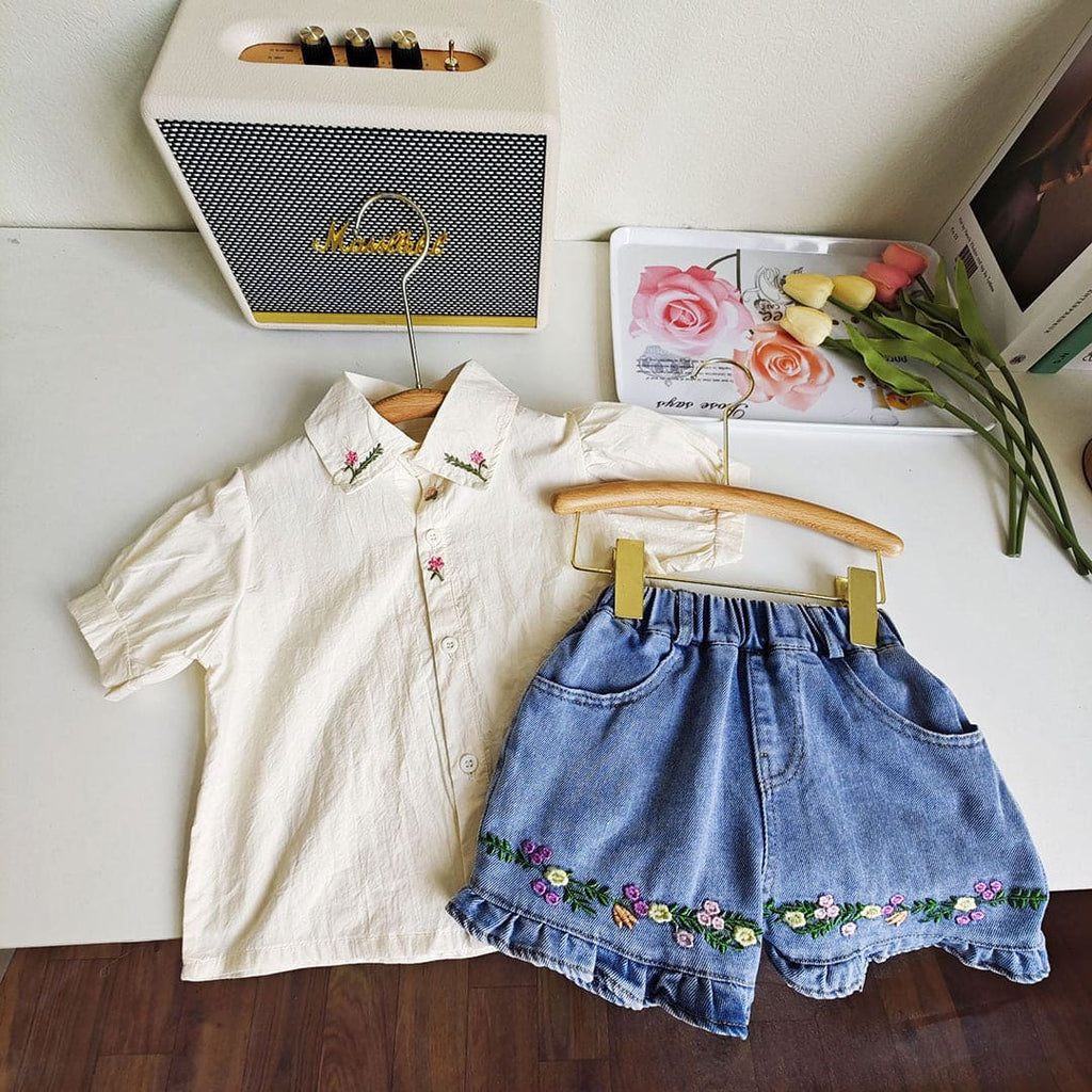 Girls Short Sleeve Shirt With Denim Shorts Sets   