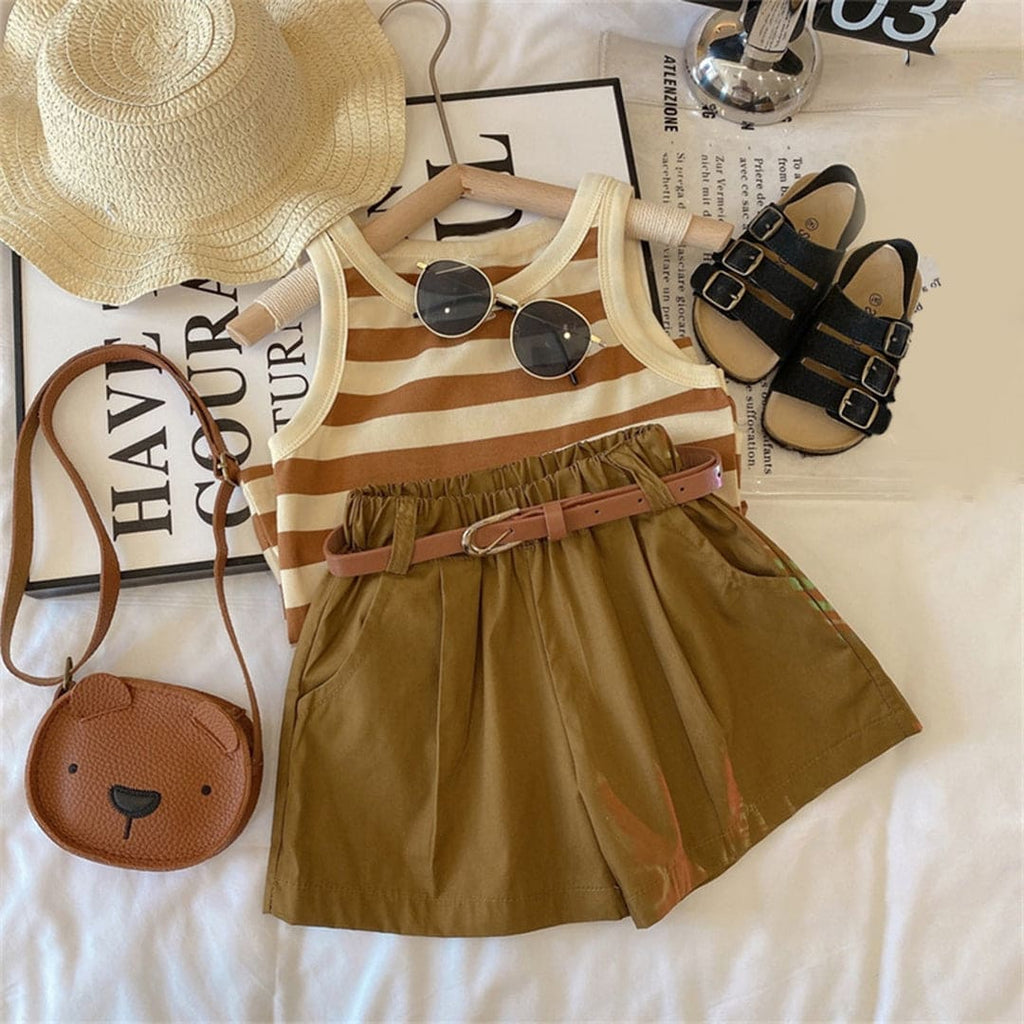Girls Sleeveless Stripe Vest With Elasticated Shorts Sets Khaki 1-2 Y 