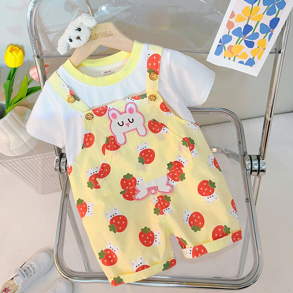 Girls Short Sleeve T-Shirt With Strawberry Printed Dungaree Sets Yellow 1-2 Y 