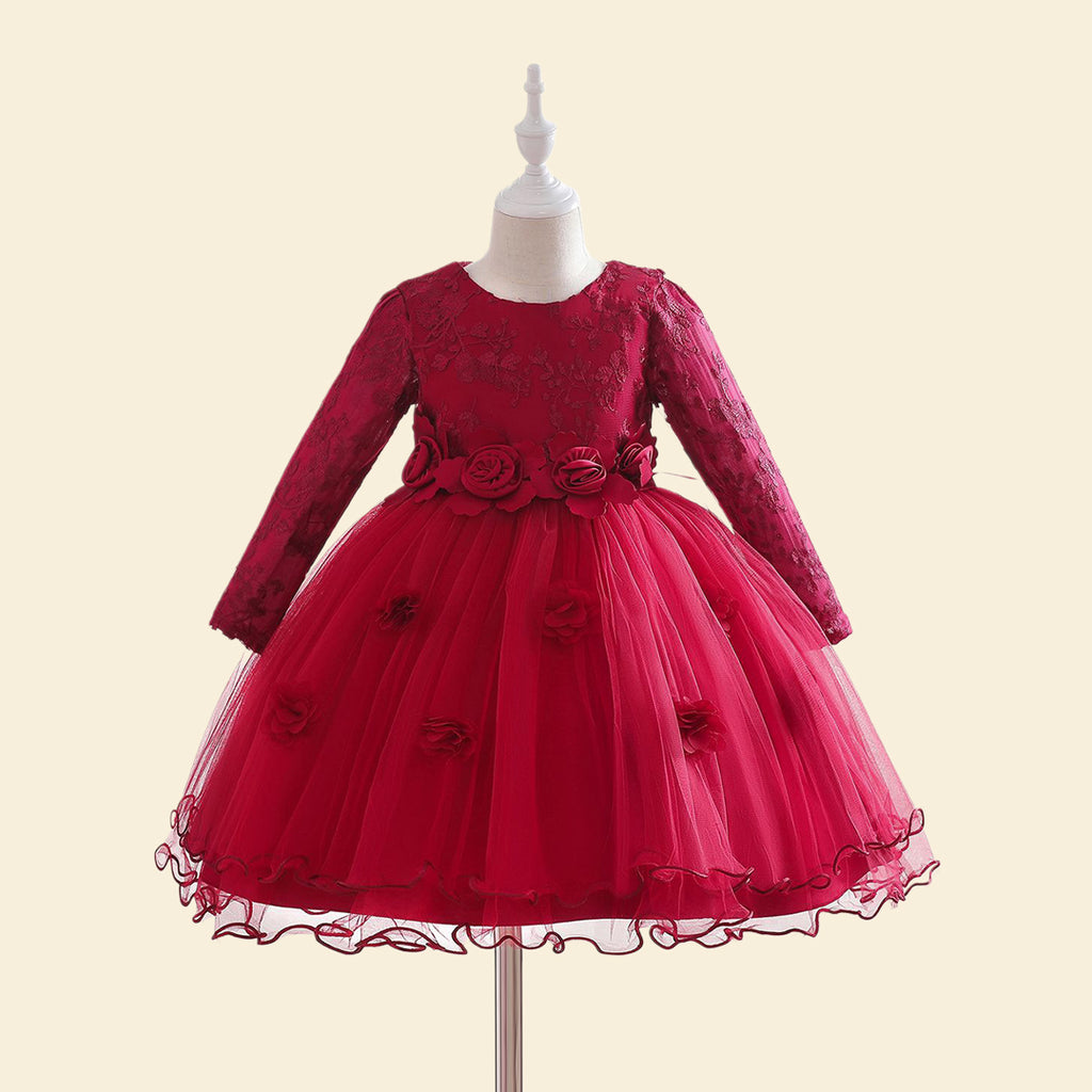 Girls Flower Applique Full Sleeves Party Dress Party Dresses Red 4-5 Y 
