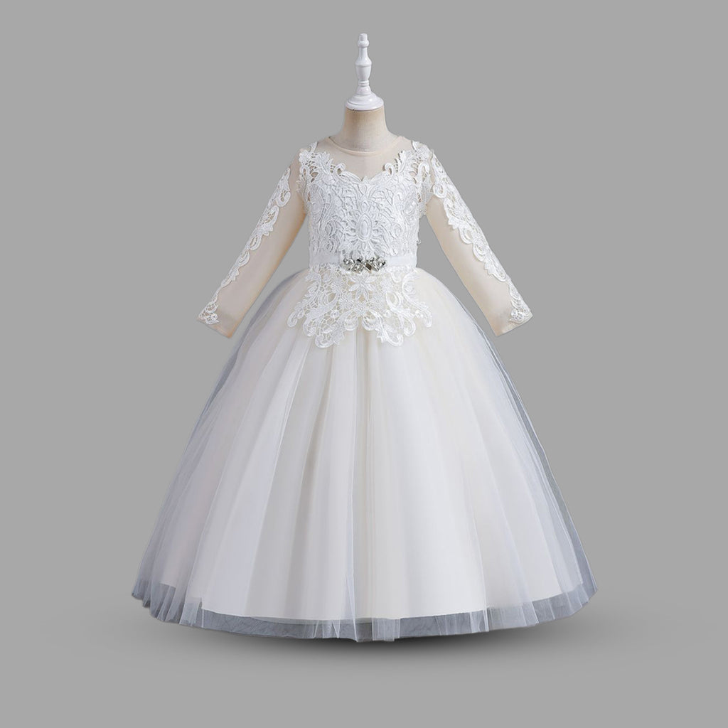 Girls Lacework Full Sleeves Tulle Party Gown Party Dresses White 6-7 Y 