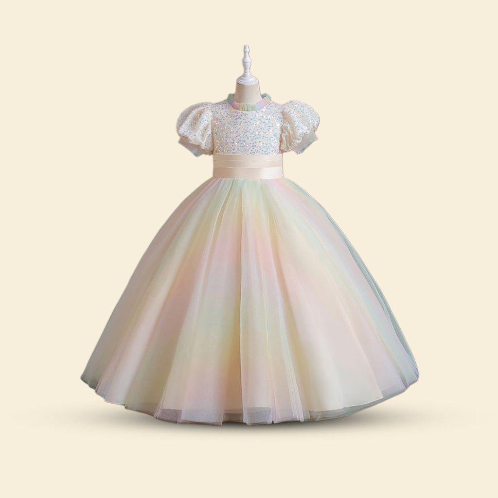 Girls Sequins Tulle Party Gown Party Dresses Beige 6-7 Y 