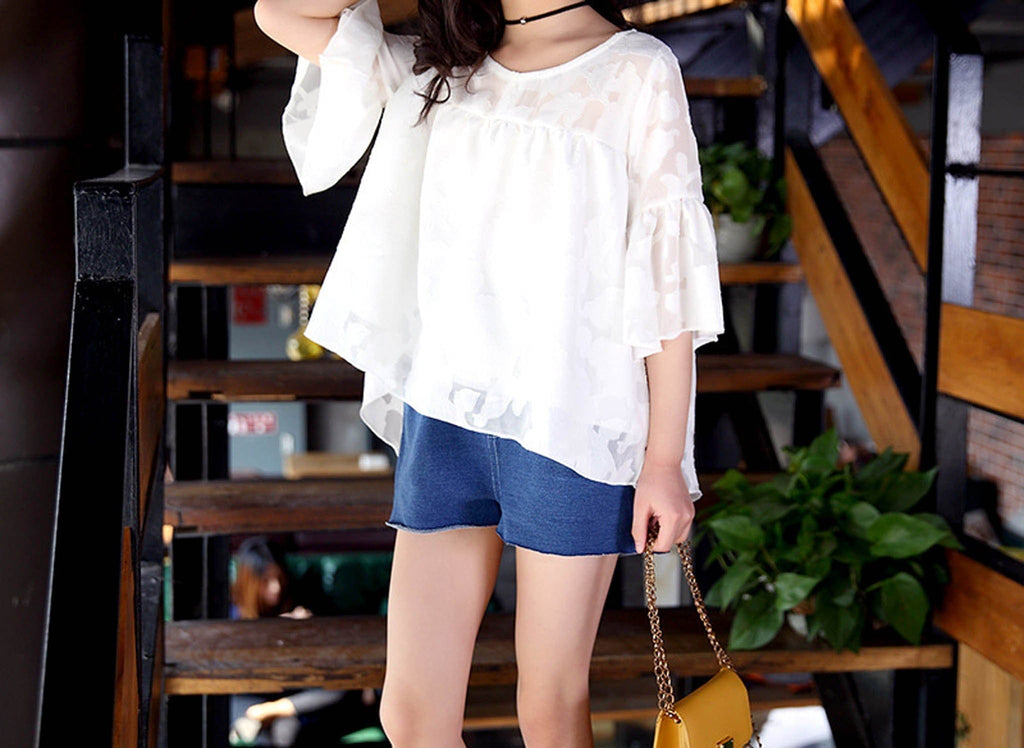 Girls High Low Top with Denim Shorts Set Sets White 4-5 Y 
