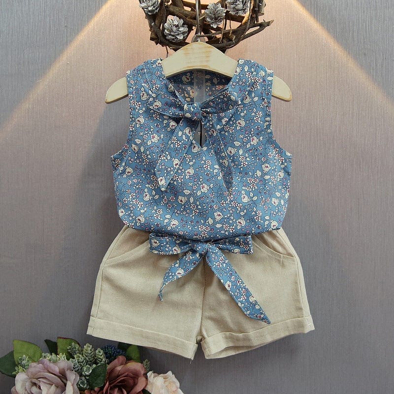 Girls Blue Sleeve Less Printed Shirt With Shorts Set Sets Blue 1-2 Y