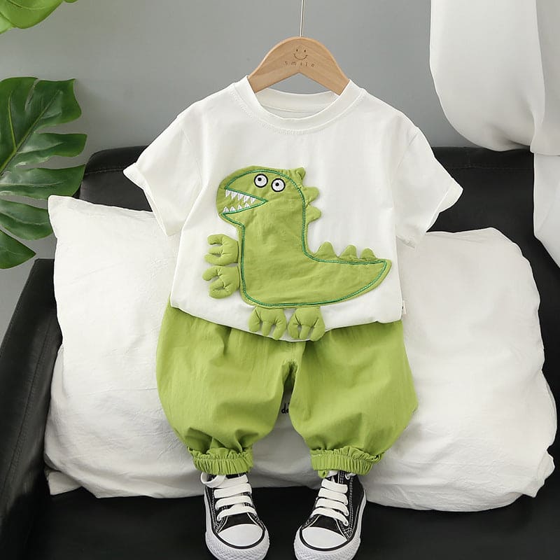 Boys Dinosaur Applique Embroidered T-Shirt & Pants Sets White 1-2 Y 