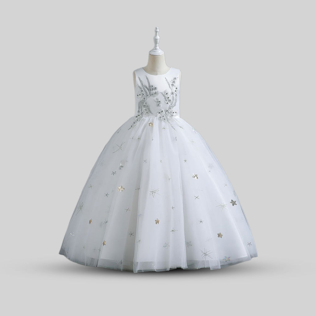 Girls Flower Embellished Tulle Party Gown Party Dresses White 6-7 Y 