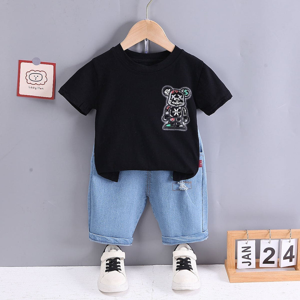 Boys Printed T-shirt with Denim Bermudas Set (Copy) Sets Black 1-2 Y