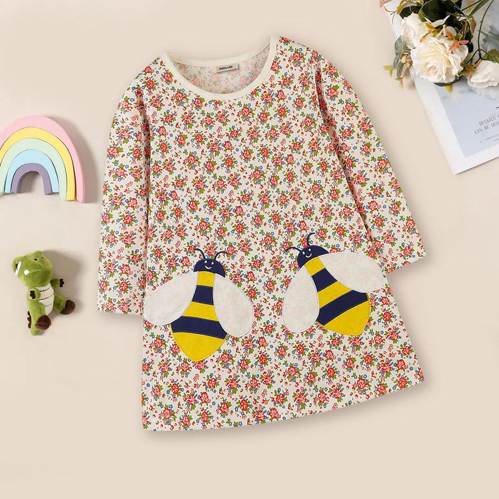 Girls Honeybee Patch with Floral Print Dress Casual Dresses Multicolor 1-2 Y 