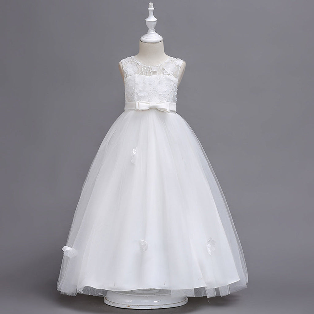 Girls Floral Applique Tulle Party Gown Casual Dresses White 5-6 Y 