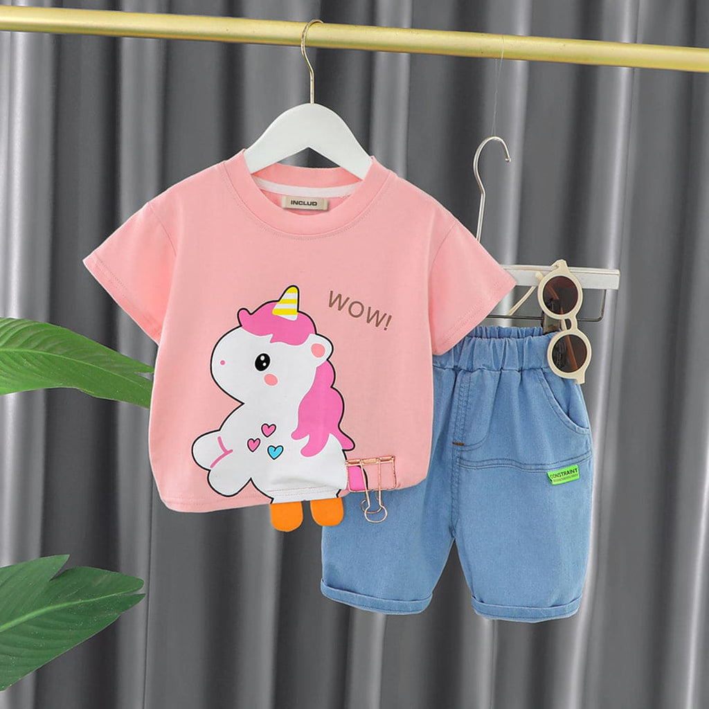 Girls Printed T-shirt with Denim Shorts Set Sets Pink 1-2 Y 