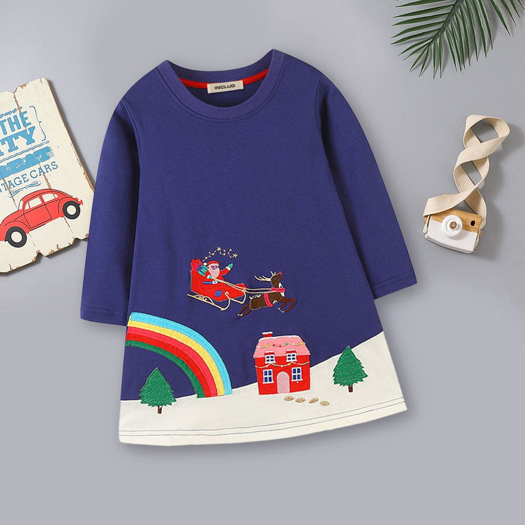 Girls Santa Claus Patch Dress Casual Dresses Navy 1-2 Y 