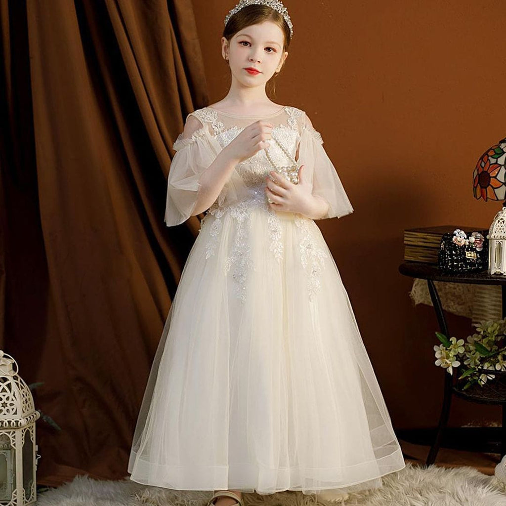 Girls Lace Off Shoulder Tulle Gown Casual Dresses White 5-6 Y 