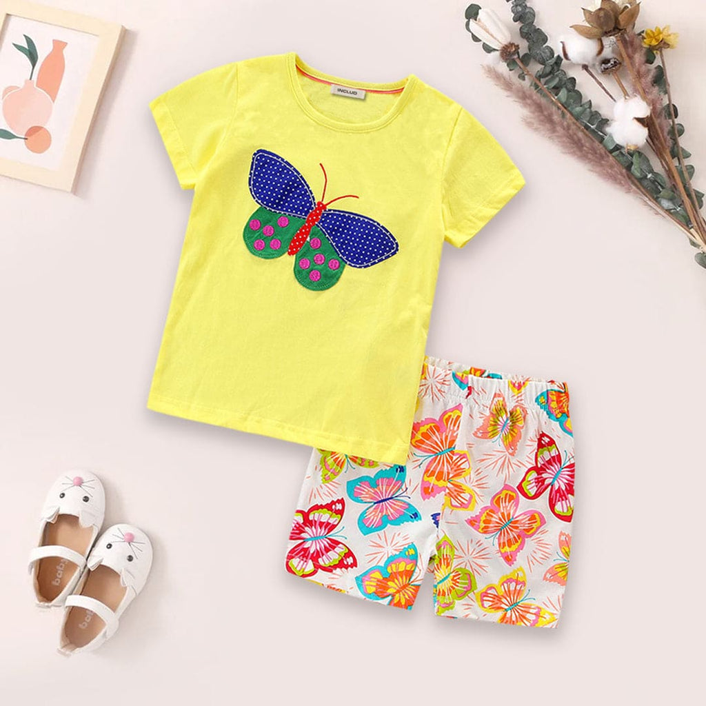 Girls Butterfly Applique T-shirt & Printed Shorts Set Sets Yellow 1-2 Y 