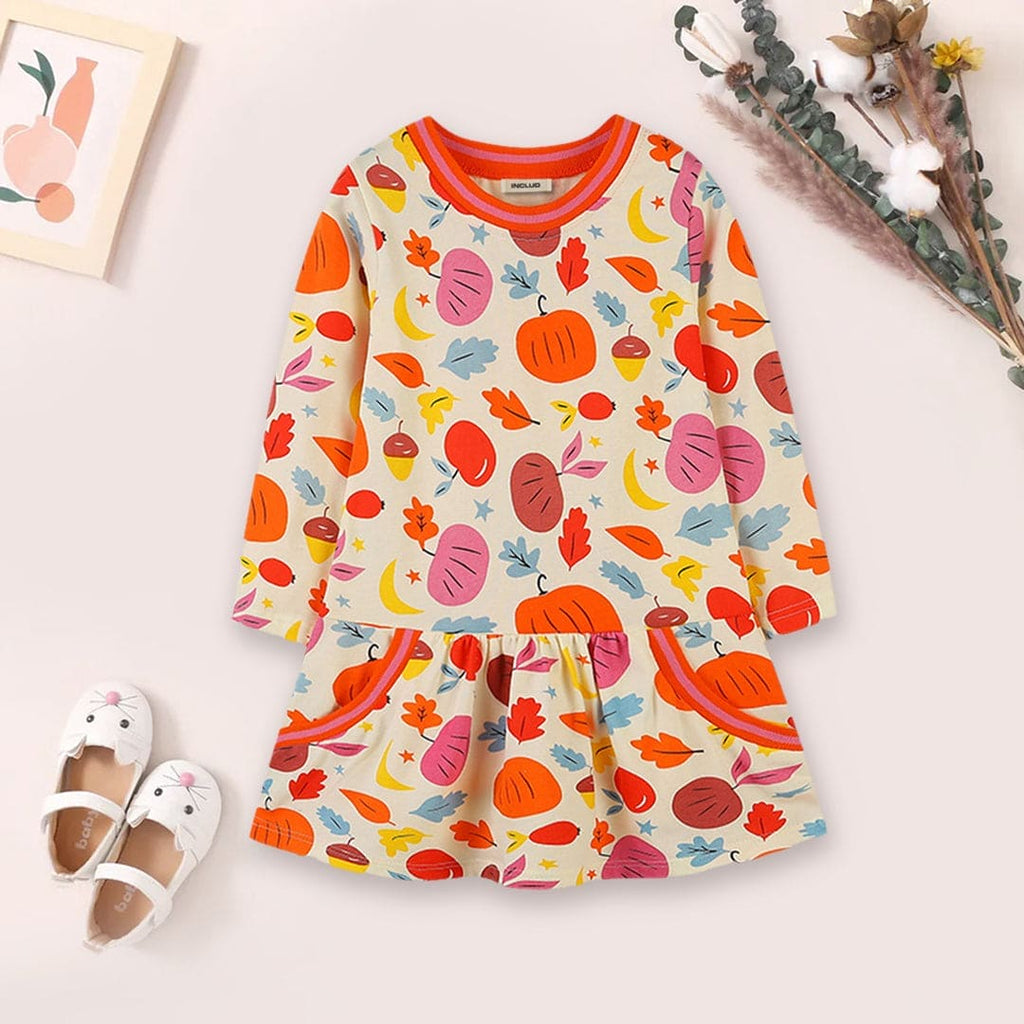 Girls Printed Full Sleeves Drop Waist Dress Casual Dresses Multicolor 1-2 Y 