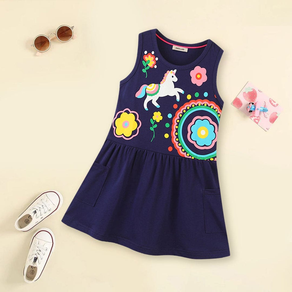 Girls Unicorn Print Casual Dress Casual Dresses Navy 1-2 Y 