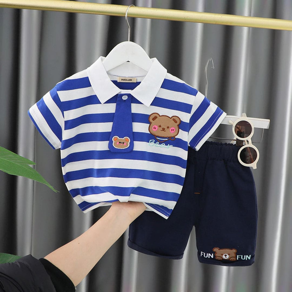 Boys Striped Polo T-shirt with Shorts Set Sets Blue 1-2 Y 