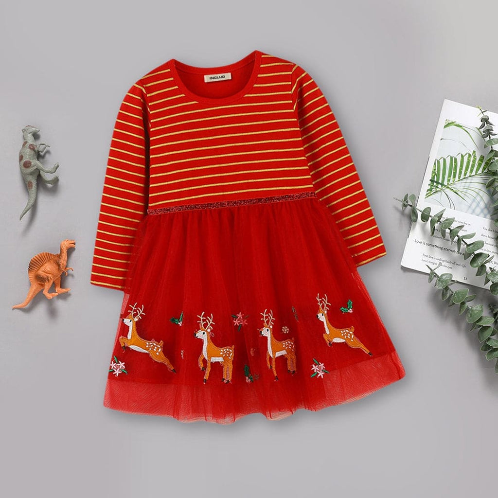 Girls Striped Tulle Overlay Dress Casual Dresses Red 1-2 Y 