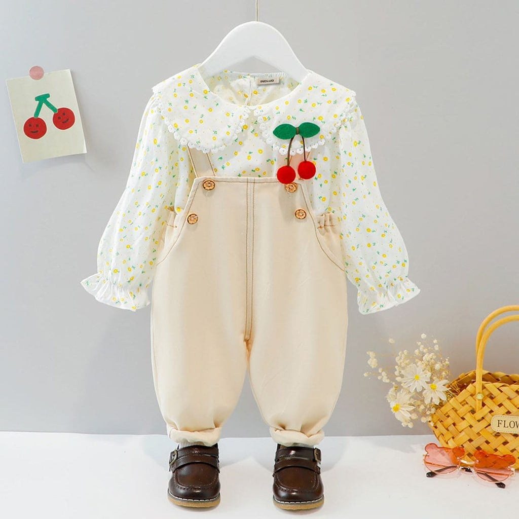 Girls Printed Top with Dungaree Set Sets Beige 1-2 Y 