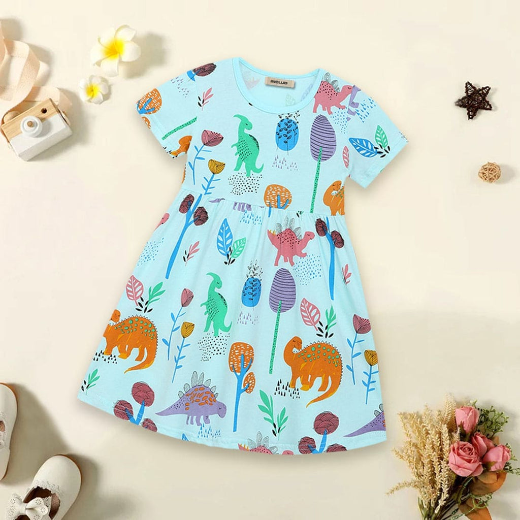 Girls Dinosaur Print Dress Casual Dresses Light Blue 1-2 Y 