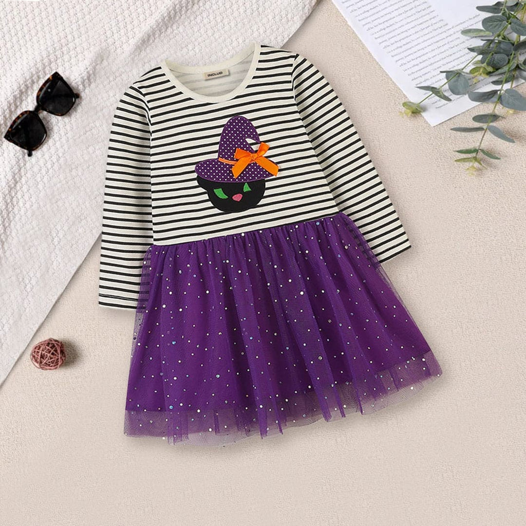 Girls Striped Tulle Overlay Dress Casual Dresses Purple 1-2 Y 