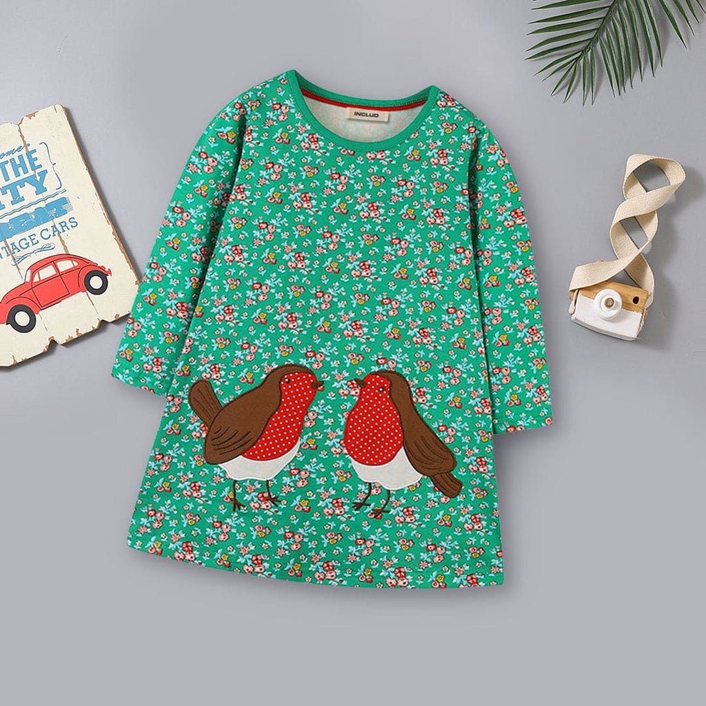 Girls Bird Patch with Floral Print Dress Casual Dresses Green 1-2 Y 