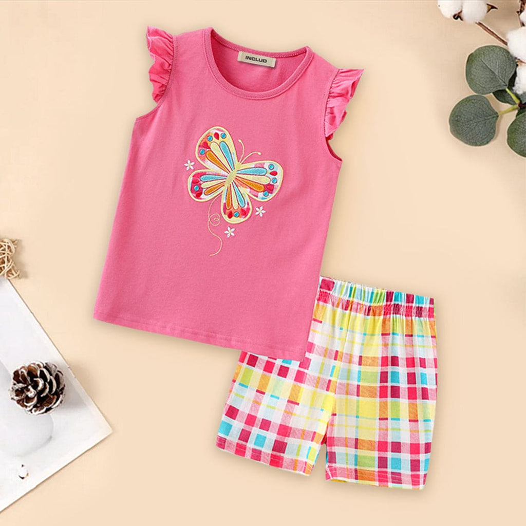 Girls Butterfly Applique T-shirt & Checkered Shorts Set Sets Pink 1-2 Y 