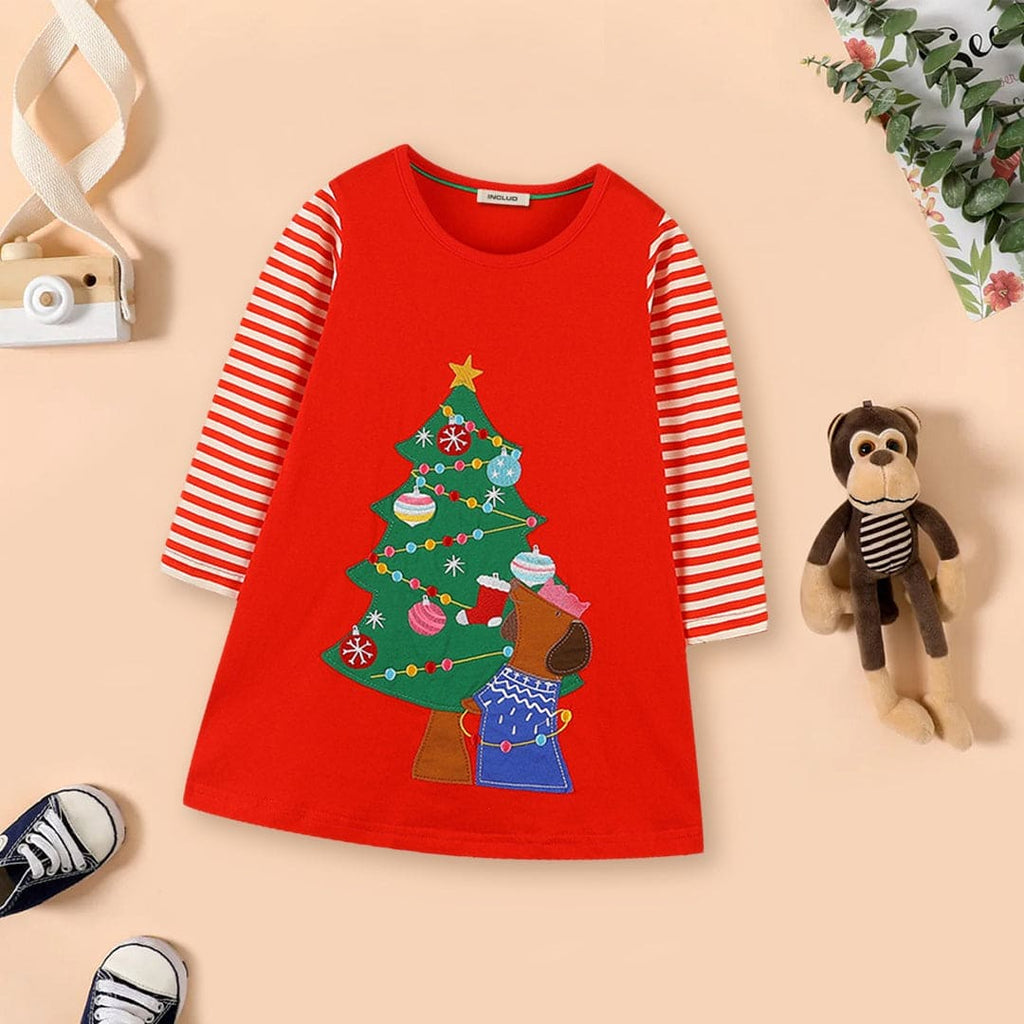Girls Christmas Tree Patch A-line Dress Casual Dresses Red 1-2 Y 