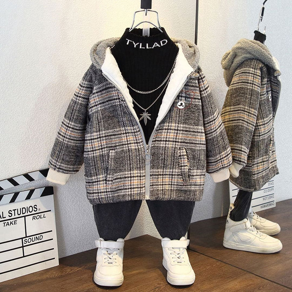 Girls Checkered Fleece Hooded Jacket Coats & Jackets Grey 1-2 Y 