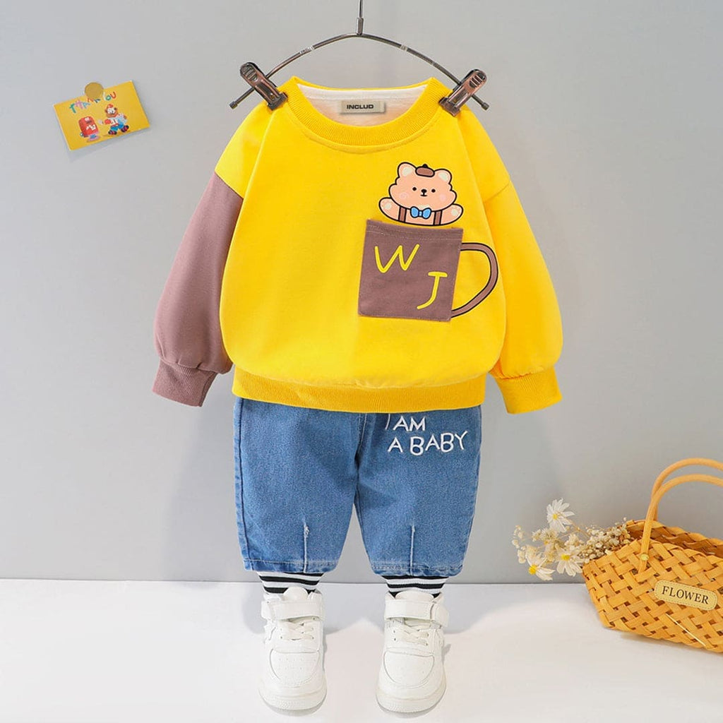 Boys Printed Sweatshirt with Denim Joggers Set Winterwear Sets Yellow 2-3 Y 