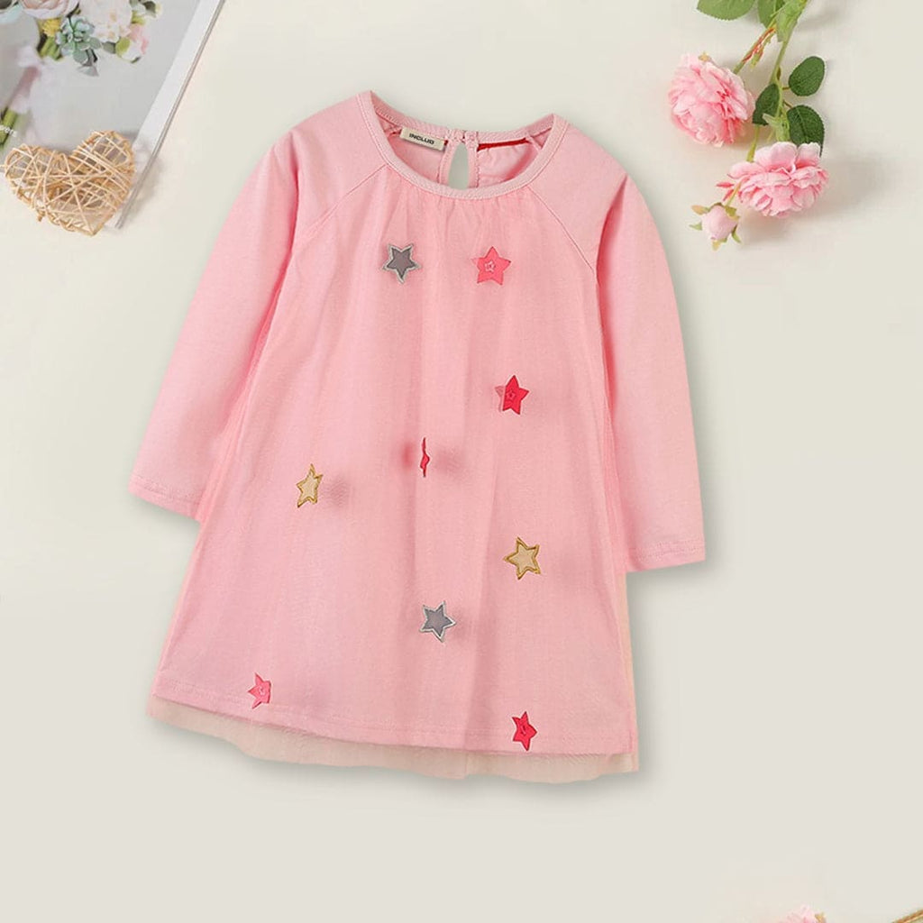 Girls Star Patch Tulle Overlay Dress Casual Dresses Pink 1-2 Y 