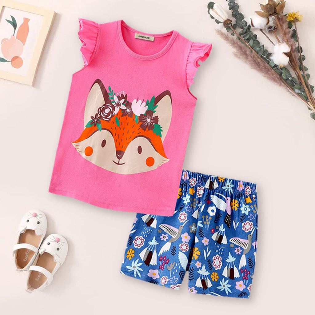 Girls Fox Print T-shirt & Printed Shorts Set Sets Pink 1-2 Y 