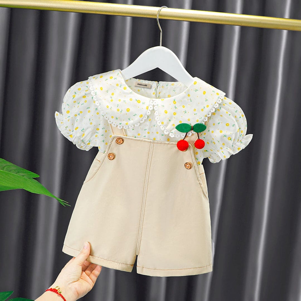 Girls Printed Top with Dungaree Set Sets Beige 1-2 Y 