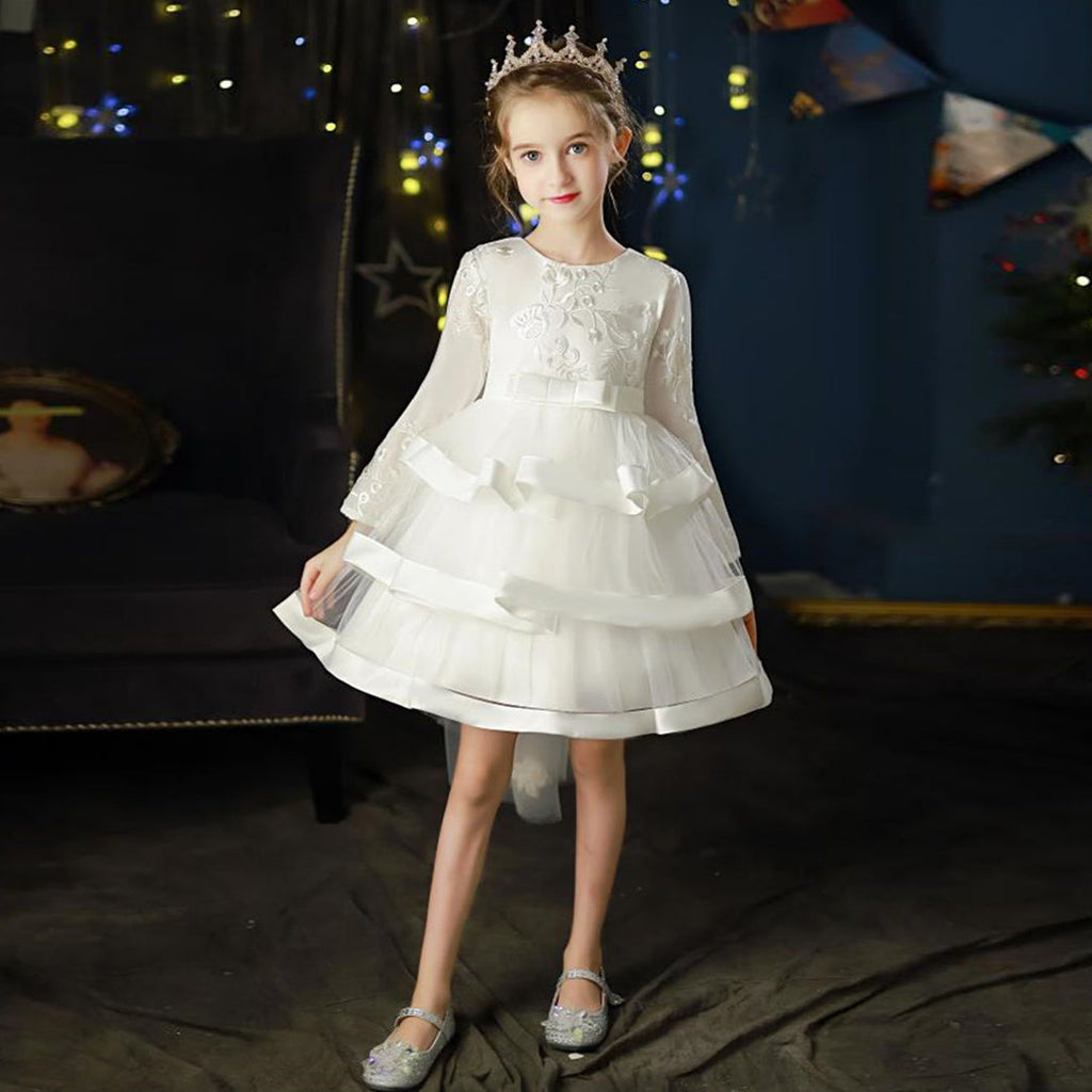 Girls Embroidered Full Sleeves Tiered Dress Casual Dresses White 4-5 Y 