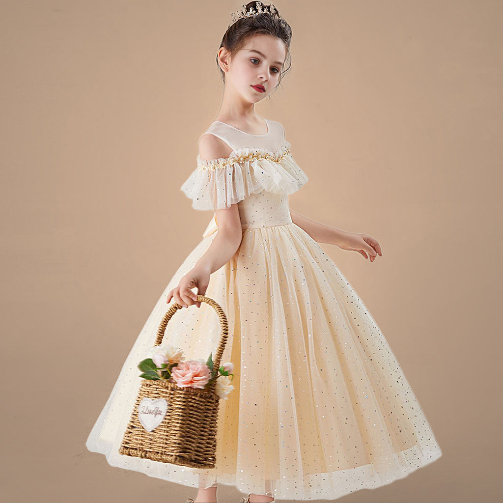 Girls Cold Shoulder Polka Dot Foil Print Party Dress Party Dresses Beige 6-7 Y 