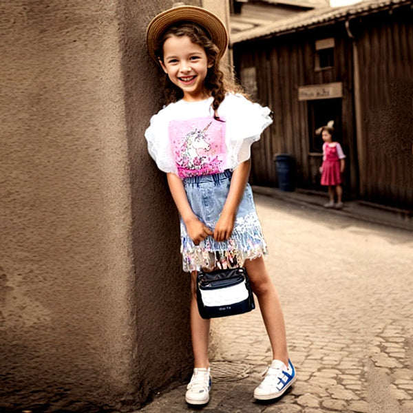 Girls Unicorn Print T-shirt with Denim Skirt Sets White 2-3 Y 