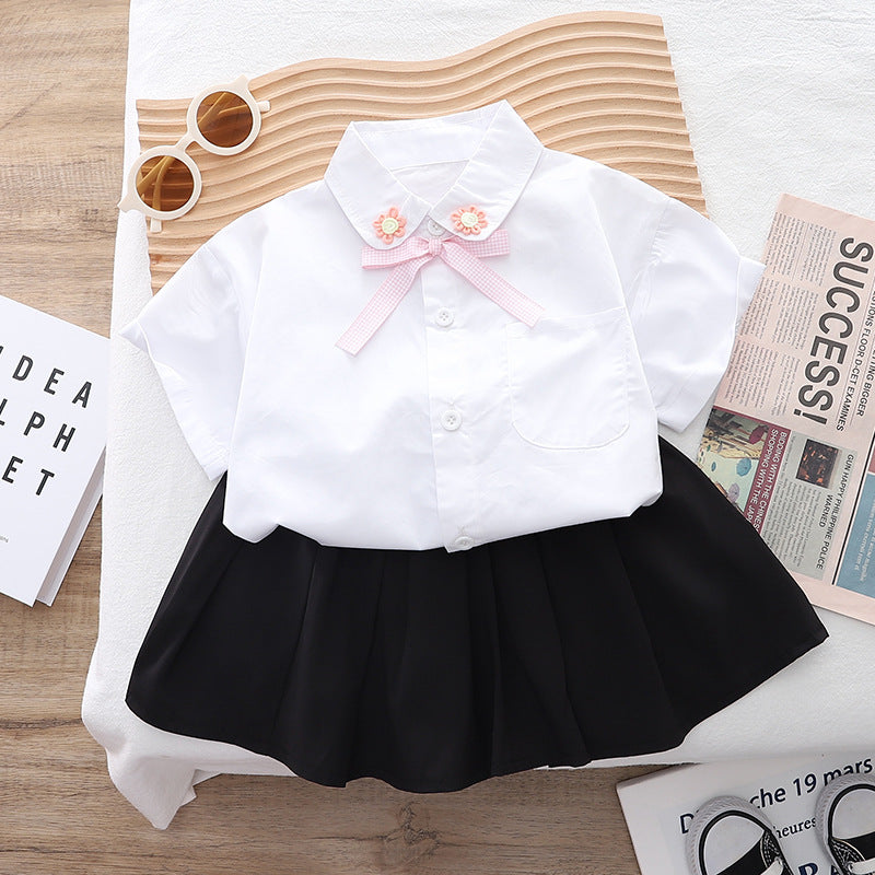 Girls Flower Applique Shirt With Skirt Sets White 1-2 Y 