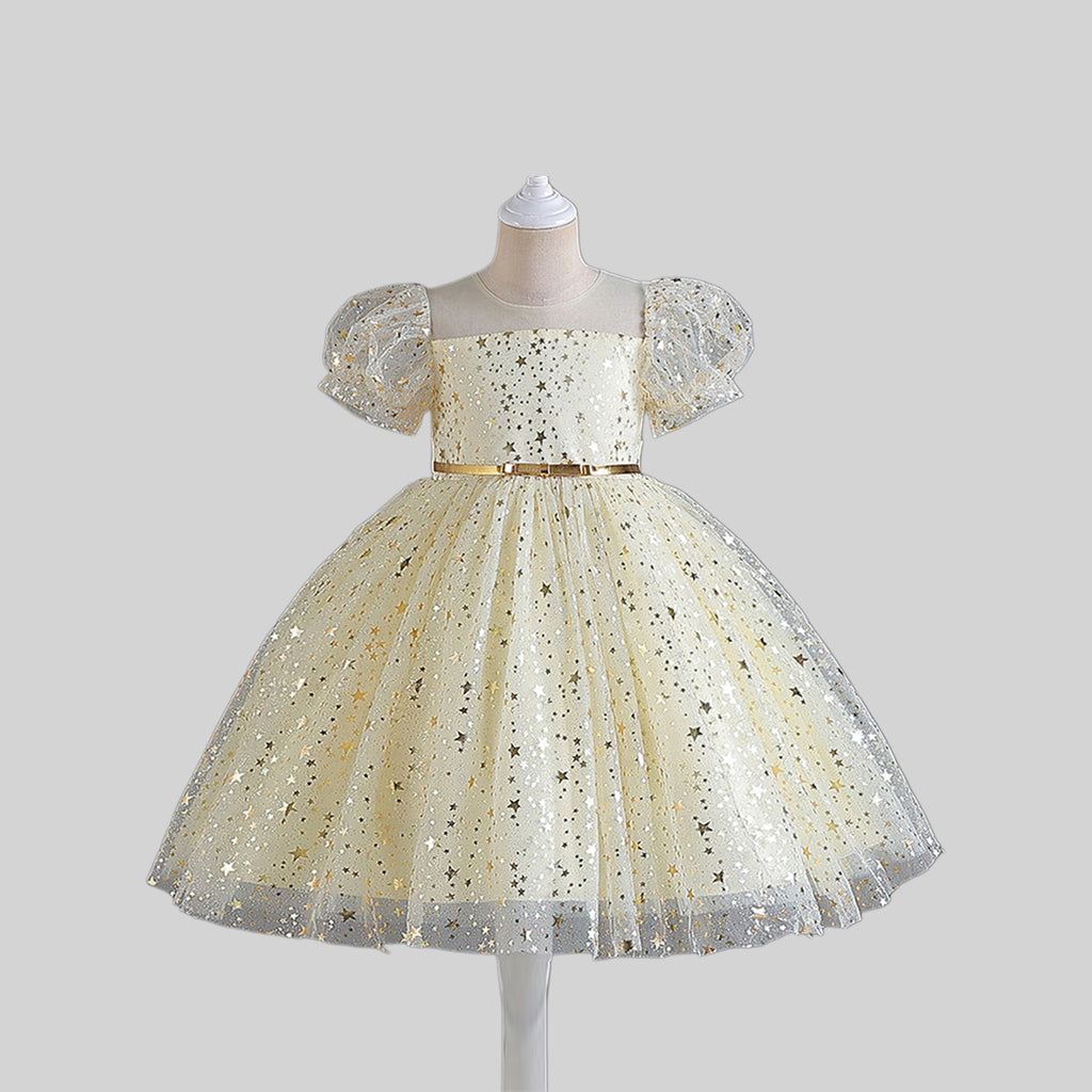 Girls Star Foil Print Fit & Flare Dress Party Dresses Beige 6-7 Y 