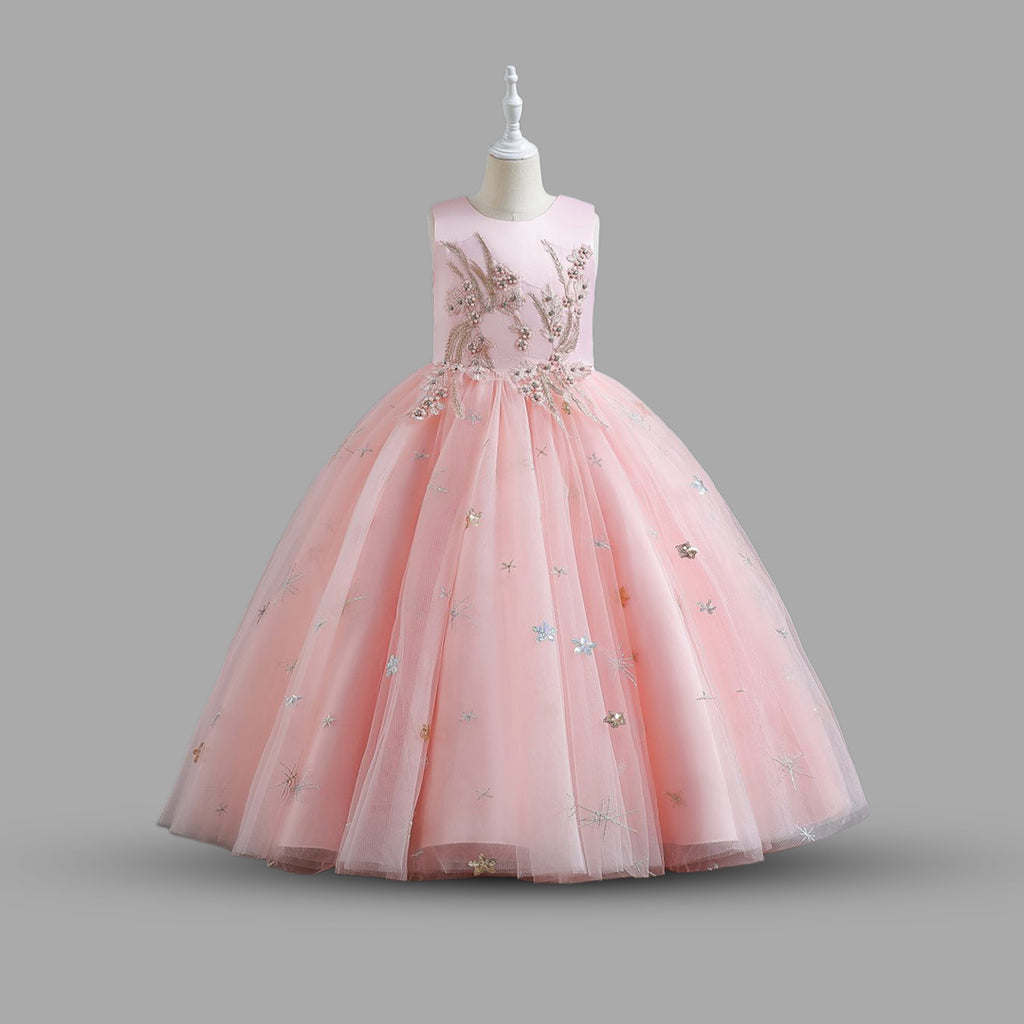 Girls Flower Embellished Tulle Party Gown Party Dresses Pink 6-7 Y 