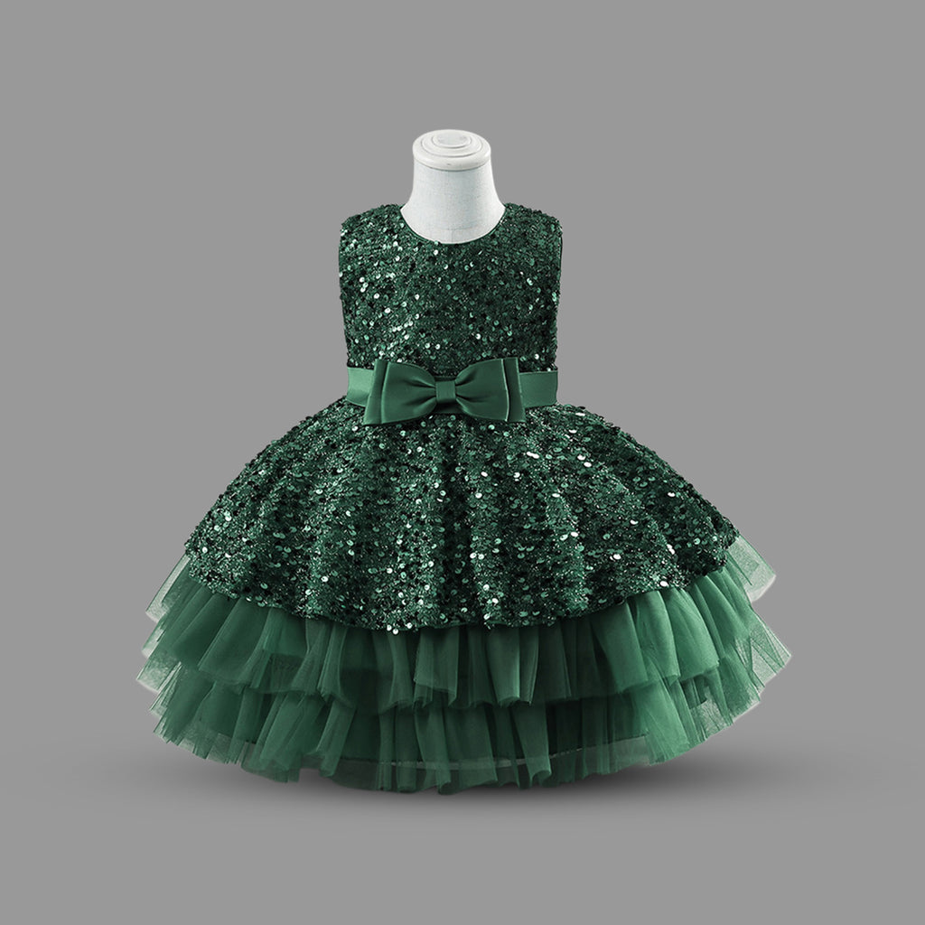 Girls Balloon Shape Sequin Party Wear Dress With Bow Party Dresses Green 1-2 Y 