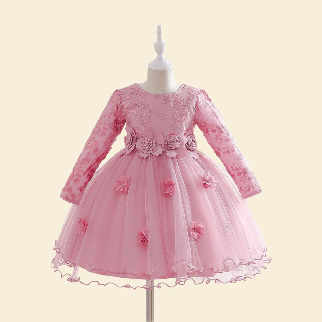 Girls Flower Applique Full Sleeves Party Dress Party Dresses Light Pink 4-5 Y 