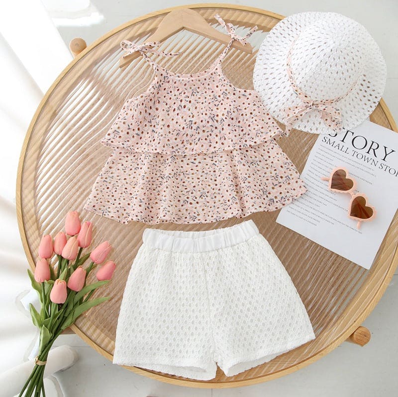 Girls Printed Tiered Top with Schiffli Shorts & Hat Set Sets   