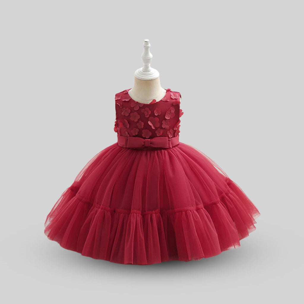 Girls Sleeveless Flower Applique Party Dress Party Dresses Red 1-2 Y 