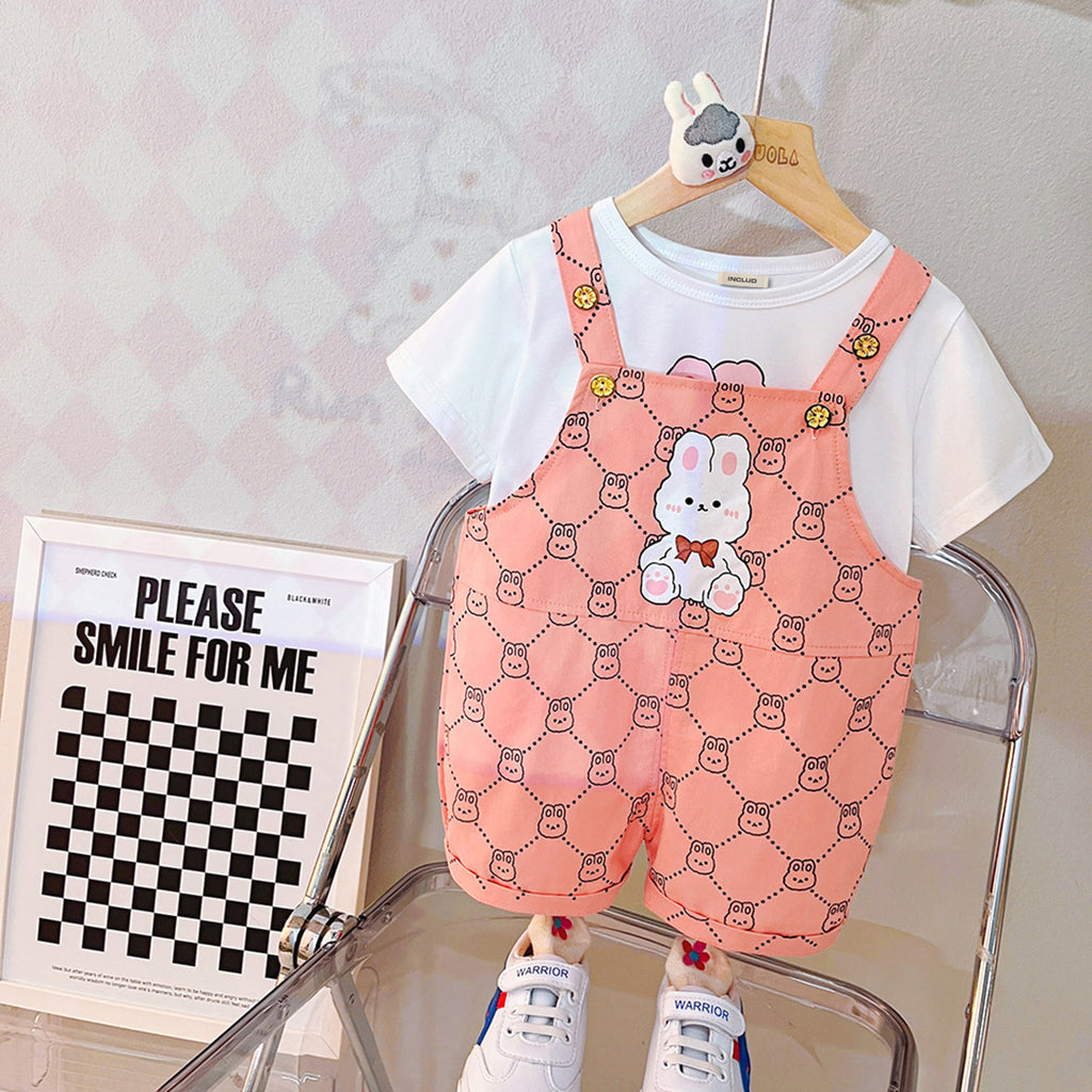 Girls Short Sleeve Graphic T-Shirt With Printed Dungaree Sets Pink 1-2 Y 