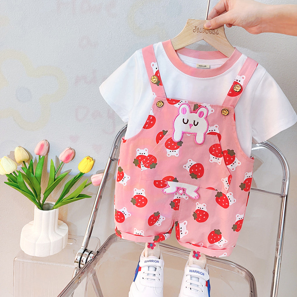 Girls Short Sleeve T-Shirt With Strawberry Printed Dungaree Sets Pink 1-2 Y 
