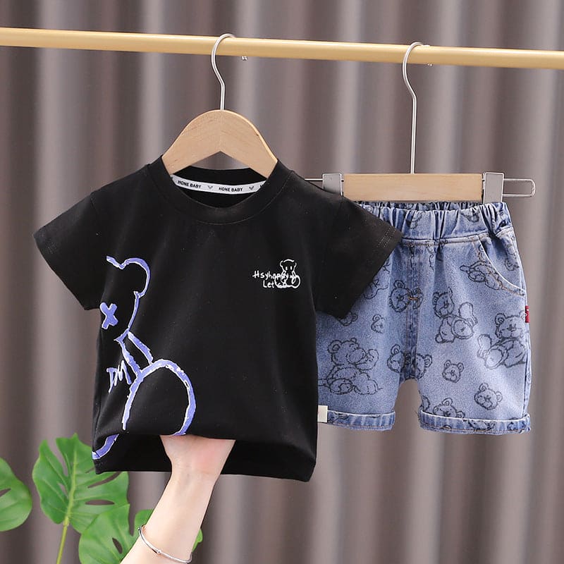 Boys Printed T-shirt with Denim Shorts Set Sets Black 1-2 Y 
