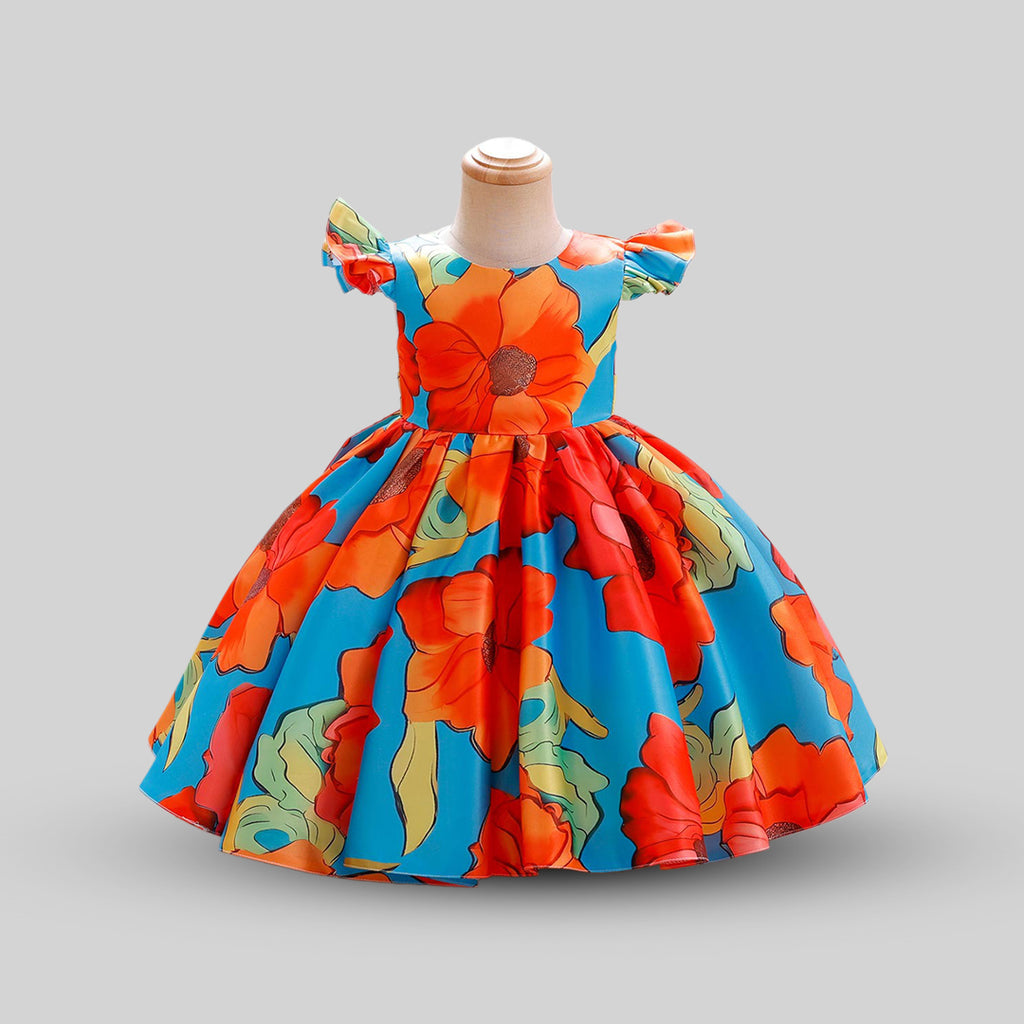 Girls Cape Sleeve Printed Fit & Flare Dress Casual Dresses Orange 2-3 Y 