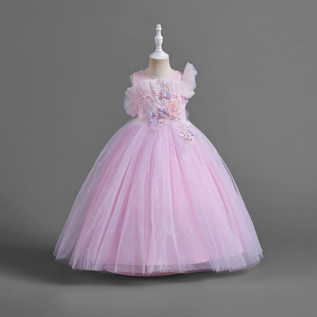 Girls Flower Applique Embellished Party Wear Dress Party Dresses Pink 4-5 Y 