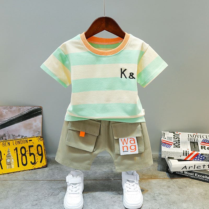 Boys Stripe T-shirt with Shorts Set Sets Green 1-2 Y 