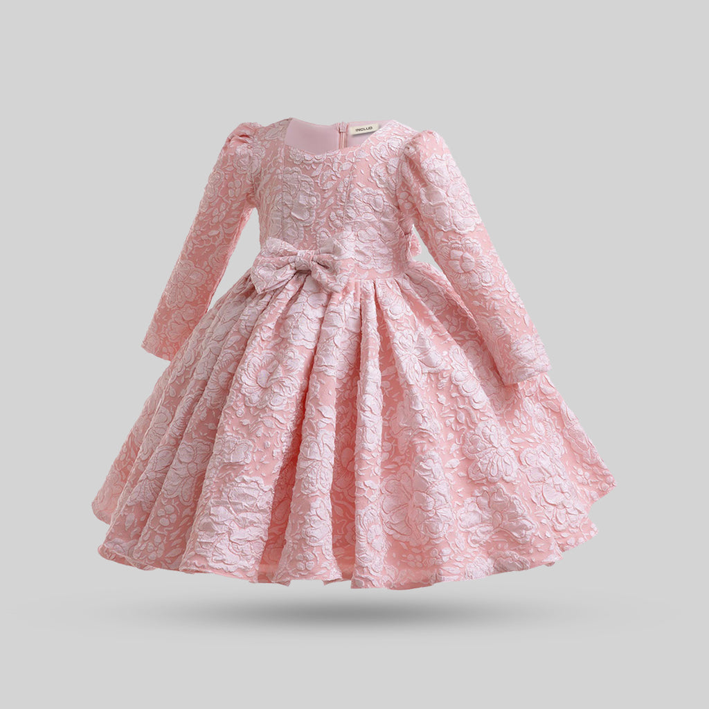 Girls Long Sleeve Embroidered Fit & Flare Party Dress Party Dresses Pink 1-2 Y 