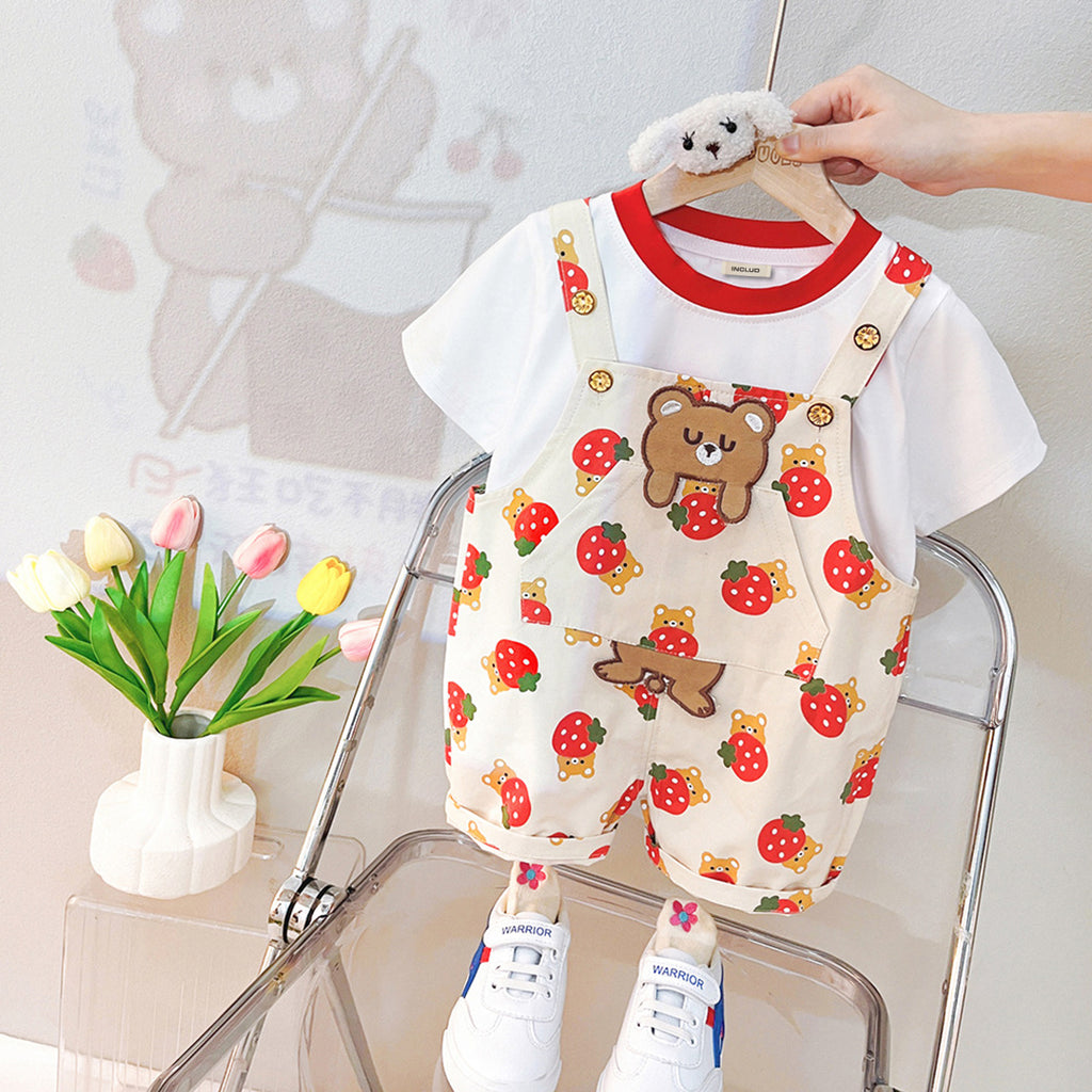 Girls Short Sleeve T-Shirt With Strawberry Printed Dungaree Sets Off White 1-2 Y 